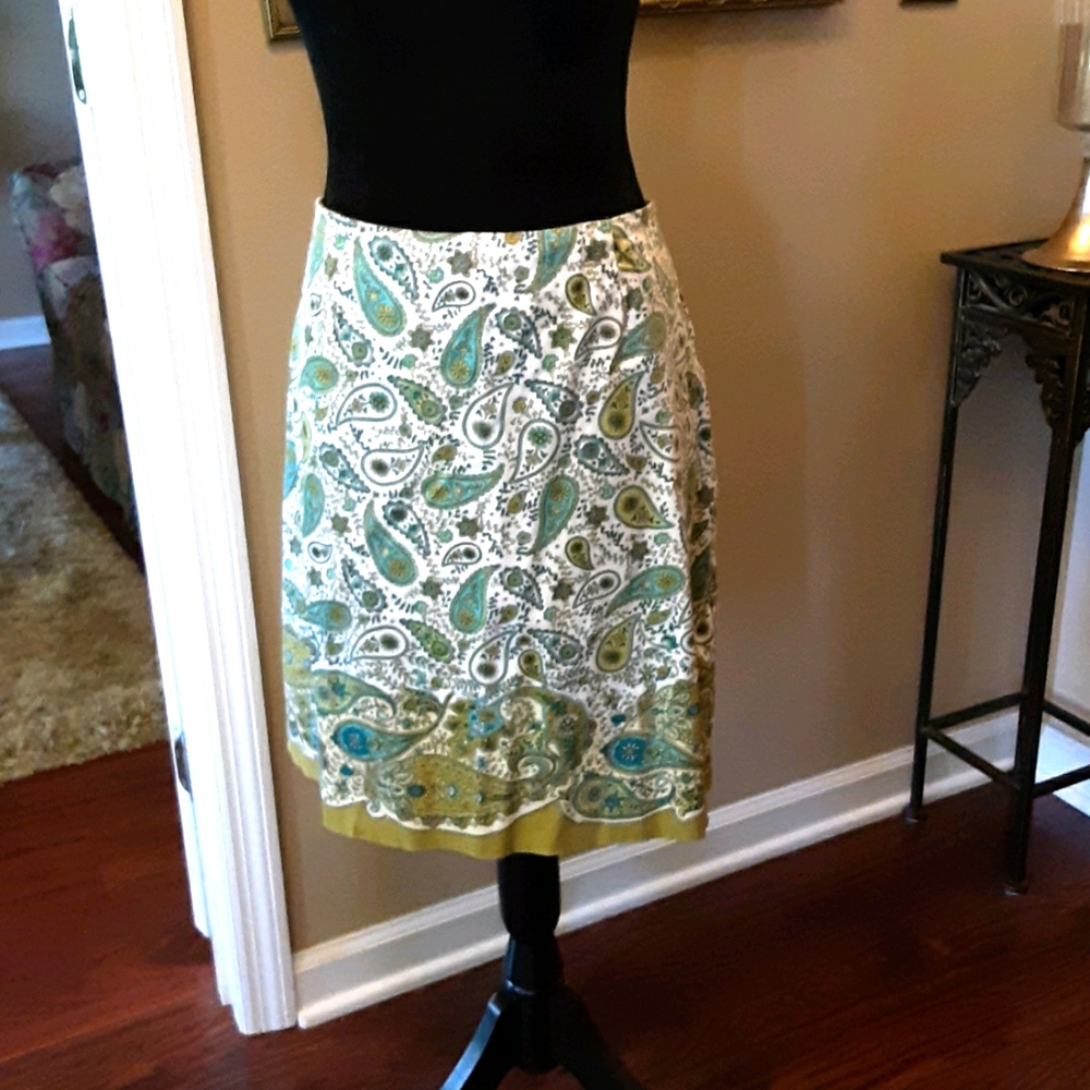Geoffrey Beene Sport aqua lime green white paisley print skirt stretch 14 EUC…